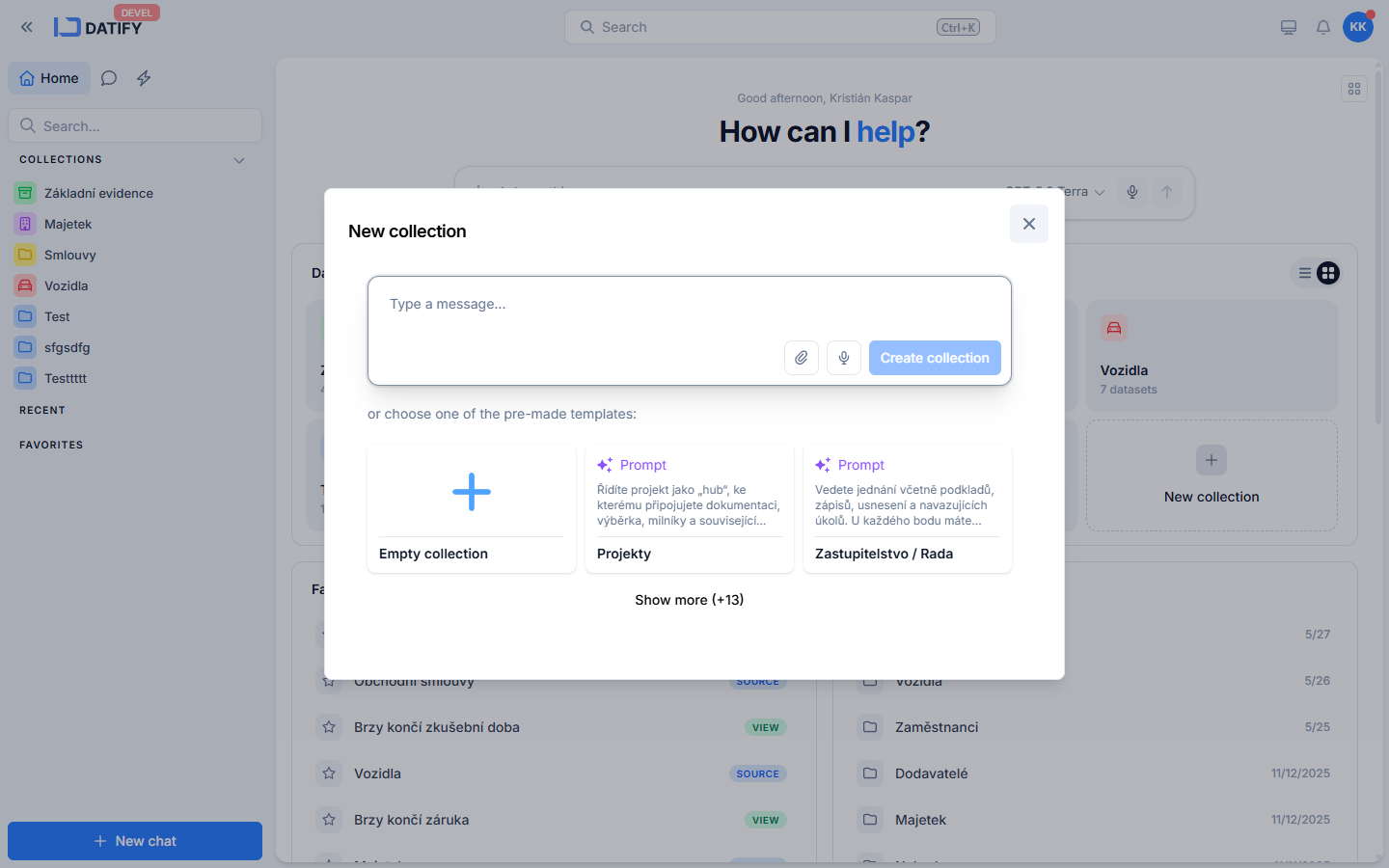 New collection dialog with the AI assistant field and template tiles including the Empty collection option