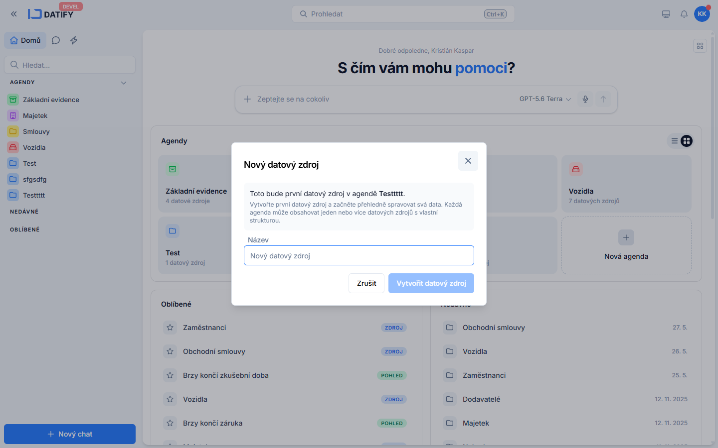 Dialog Nový datový zdroj s poznámkou, že půjde o první datový zdroj v agendě, a polem Název