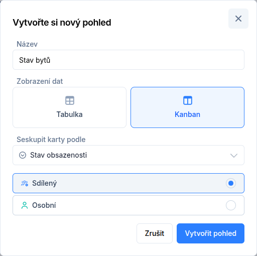 Dialog Vytvořte si nový pohled s vybraným zobrazením Kanban